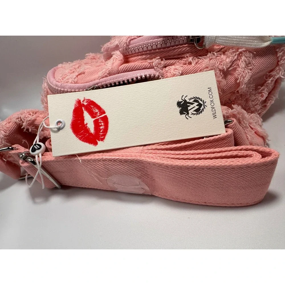 Wildfox Pink Denim Frayed Diamond Quilted Sling Backpack Bag New